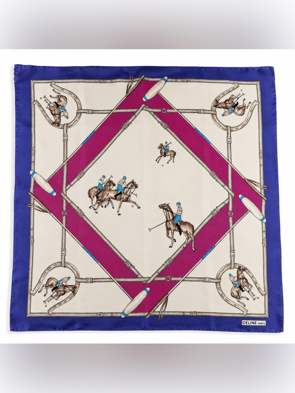 Vintage Celine Paris Silk Scarf Equestrian Polo Horse Print